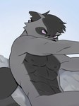 angry anthro athletic athletic_anthro athletic_male biped fur grey_body grey_fur looking_at_viewer male nude_anthro nude_male purple_eyes solo novumave fallen_angel_(painting) mammal procyonid raccoon 2024 hi_res inspired_by_formal_art