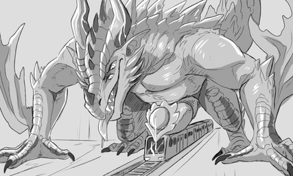 all_fours anthro cheek_spikes claws erection facial_spikes finger_claws head_spikes horn macro male multi_eye open_mouth outside solo spikes spikes_(anatomy) tongue tongue_out train vehicle swampjaws mythology dragon mythological_creature mythological_scalie scalie 5:3 hi_res monochrome