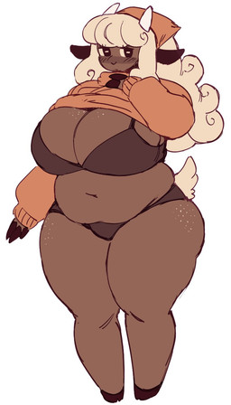 anthro big_breasts blonde_hair blush bra breasts brown_body brown_bra brown_clothing brown_underwear cleavage clothed clothing clothing_lift curly_hair eyelashes female fingers freckled_breasts freckled_legs freckled_thighs freckles hair headgear headkerchief headwear hooved_fingers hooves horizontal_pupils horn huge_breasts kerchief navel orange_clothing orange_sweater orange_topwear overweight overweight_anthro overweight_female platinum_blonde pupils solo sweater sweater_lift tail thick_thighs topwear underwear carpallove cinnamon_(carpallove) bovid caprine mammal sheep 4:7 hi_res