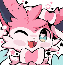 ambiguous_gender blue_eyes blue_markings blush blush_stickers cheek_tuft cute_fangs ear_tuft facial_tuft fangs feral fur heart_pupils heart_symbol looking_at_viewer markings one_eye_closed open_:3 open_mouth pink_body pink_fur simple_background solo star teeth tuft white_background white_body white_fur wink winking_at_viewer apolozorua nintendo pokemon eeveelution generation_6_pokemon pokemon_(species) sylveon headshot_portrait portrait