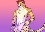 anthro brown_hair clothing gradient_background hair inner_ear_fluff lingerie male navel neck_tuft pink_background pink_clothing pink_nose pink_underwear purple_background simple_background solo teasing teeth tuft underwear undressing chaitigris chirpy_cheetah cheetah felid feline mammal