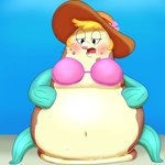 abdominal_bulge anthro arm_fin beach beach_background belly belly_on_ground bloated blonde_hair blue_sky blush bodily_fluids bra breasts cheek_bulge chubby_cheeks clothing eyelashes featureless_breasts female fin front_view glistening glistening_belly glistening_body hair hand_on_belly hands_on_own_belly hat headgear headwear leg_fins lipstick looking_at_belly looking_down looking_uncomfortable makeup navel navel_outline obese obese_anthro obese_female overweight overweight_anthro overweight_female sand sea sitting sky solo stuffing stuffing_(food) sweat sweatdrop swimwear underbelly underwear water furdaal nickelodeon spongebob_squarepants mrs._puff fish marine pufferfish tetraodontiform 1:1 hi_res