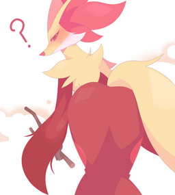 ambiguous_gender anthro bent_over blush blush_lines bodily_fluids butt fur looking_at_viewer question_mark red_body red_fur red_nose simple_background solo stick sweat sweatdrop white_body white_fur yellow_body yellow_fur rullu_1507 nintendo pokemon delphox generation_6_pokemon pokemon_(species) colored hi_res shaded female_(lore)