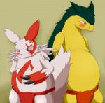 anthro asian_clothing blush clothing duo east_asian_clothing fundoshi japanese_clothing kemono male overweight red_eyes slightly_chubby standing teeth underwear fard nintendo pokemon generation_2_pokemon generation_3_pokemon pokemon_(species) typhlosion zangoose