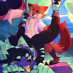 anthro clothing duo fur green_body green_fur knotting male male/male pink_clothing pink_shirt pink_topwear purple_body purple_fur questionable_consent rope shirt tongue tongue_out topwear yellow_tongue mrfalco disney zootopia nick_wilde odie_(itsbixby) canid canine canis domestic_dog fox mammal 1:1 absurd_res hi_res