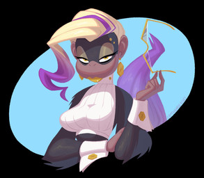 anthro bangs blonde_hair breasts clothing ear_piercing eyelashes eyewear female glasses glistening_eyelids hair half-closed_eyes highlights_(coloring) holding_eyewear holding_glasses holding_object lipstick long_eyelashes looking_at_viewer makeup narrowed_eyes piercing solo tail tear_trough text topwear yellow_eyes captain_molasses donkey_kong_(series) donkey_kong_bananza nintendo poppy_kong kong mammal primate artist_name hi_res