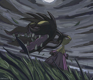 ambiguous_gender anthro dark detailed_background dutch_angle fangs grass grey_sky hair_mouth looking_up low-angle_view night open_mouth outside pink_eyes plant pseudo_clothing pseudo_hair semi-anthro sharp_teeth side_view sky solo standing teeth text dietranch nintendo pokemon generation_6_pokemon mega_evolution mega_mawile pokemon_(species) 2025 artist_name digital_media_(artwork) hi_res