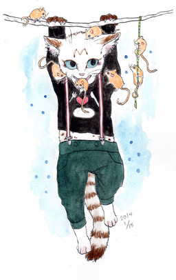 ambiguous_gender anthro barefoot biped bite blue_eyes bottomwear brown_body brown_fur climbing clothed clothing dangling feet feral fully_clothed fur group markings overalls pants pink_nose semi-anthro shirt simple_background smile solo_focus stripes suspenders tail tail_markings teeth toes topwear tuft whiskers white_background white_body white_fur kyokyota domestic_cat felid feline felis mammal mouse murid murine rodent 2014 absurd_res hi_res painting_(artwork) traditional_media_(artwork) traditional_painting_(artwork) traditional_watercolor_(artwork) watercolor_(artwork)