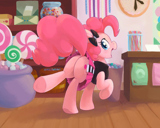 accessory blue_eyes bottomwear bow_(feature) bow_accessory bow_ribbon butt candy clock clothed clothing cutie_mark dessert dress female feral food fur hair hair_accessory hair_bow hair_ribbon legs_up looking_at_viewer looking_back open_mouth pink_body pink_fur pink_hair rear_view ribbons skirt smile solo upskirt ajin friendship_is_magic hasbro my_little_pony pinkie_pie_(mlp) earth_pony equid equine horse mammal pony 5:4 signature