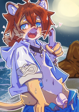 5_fingers ahoge anthro balls balls_blush beach biped blue_eyes blush blush_lines bodily_fluids body_blush bottomwear cheek_tuft circle_eyebrows claws clothed clothed_anthro clothed_male clothing detailed_background drawstring drawstring_bottomwear eyebrows facial_tuft finger_claws fingerpads fingers flaccid foreskin fur genitals glans glistening glistening_eyes hair heart_symbol humanoid_genitalia humanoid_penis inner_ear_fluff looking_at_viewer male male_anthro moon multicolored_body multicolored_fur navel night open_bottomwear open_clothing open_mouth open_pants open_topwear outline outside pants partially_retracted_foreskin pawpads penis pink_glans pink_nose red_hair sand sea solo sweat sweaty_body tail tan_body tan_fur tan_tail tongue tongue_showing topwear tuft water whiskers white_balls white_body white_clothing white_eyebrows white_fur white_inner_ear_fluff white_outline white_penis white_topwear white_whiskers young young_anthro young_male suzuinu cygames world_flipper teo_(world_flipper) felid lion mammal pantherine 2023 digital_media_(artwork)