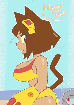 beach big_breasts breasts brown_hair clothing dialogue duo erect_nipples eyewear female gear goggles hair huge_breasts logo male male/female nipples out_of_frame side_view simple_background speech_bubble swimwear yellow_sclera mew_arts gameoverse glitch_productions kaboodle_(gameoverse) kit_bodega domestic_cat felid feline felis humanoid mammal artist_logo shaded simple_shading tagme