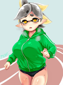 big_breasts bottomwear breasts clothing eyebrows eyelashes female hoodie humanoid_pointy_ears jogging open_mouth pointy_ears pseudo_hair shorts solo tentacle_hair tentacles topwear yellow_eyes t2ukmyjm nintendo splatoon callie_(splatoon) animal_humanoid aquatic cephalopod humanoid inkling mollusk mollusk_humanoid 2026 hi_res