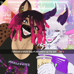 anthro beverage big_breasts big_teeth breasts brown_eyes bubble_tea chest_tuft clothing container cup dreadlocks duo ear_piercing ear_ring facial_piercing female female/female fur hair highlights_(coloring) horn inner_ear_fluff larger_female lip_piercing lip_ring mall markings piercing pink_eyes pink_hair ring_piercing shirt size_difference smile spikes spikes_(anatomy) spots spotted_body spotted_fur spotted_markings tank_top text topwear tuft white_hair xikitsune mythology snapchat harley_(xikitsune) raven_(xikitsune) dragon hyena mammal mythological_creature mythological_scalie scalie 1:1 artist_name colored digital_drawing_(artwork) digital_media_(artwork) english_text hi_res