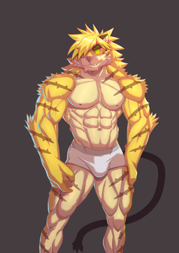 abs anthro areola barazoku blonde_hair boxer_briefs boxer_briefs_only bulge clothed clothing fur green_sclera grey_background hair hair_over_eye hand_on_hip looking_at_viewer male muscular muscular_anthro muscular_arms muscular_legs muscular_male navel nipples pecs pose scar simple_background smile solo standing tail tan_body tan_fur topless topless_anthro topless_male tuft underwear underwear_only vein veiny_arms veiny_muscles white_clothing white_underwear yellow_body yellow_fur ronci lifewonders tokyo_afterschool_summoners macan_(tas) felid mammal pantherine tiger 2020 colored hi_res portrait shaded three-quarter_portrait
