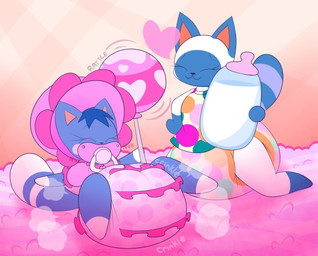 :3 anthro baby_bottle big_diaper bonnet cat_smile clothing crinkling diaper dress duo eyes_closed female female/female fluffy fluffy_tail frilly frilly_clothing frilly_diaper fur hand_on_hip headgear headwear holding_object kneeling legs_up multicolored_body multicolored_fur object_in_mouth pacifier pacifier_in_mouth pattern_clothing poof poof_effect raised_arms rattle spots spotted_clothing spotted_diaper spread_legs spreading tail nuk sir-dancalot animal_crossing nintendo mitzi_(animal_crossing) rosie_(animal_crossing) felid feline mammal