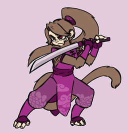 anthro asian_clothing breasts brown_body brown_fur clothing feet female fluffy fluffy_tail fur holding_object holding_weapon melee_weapon prehensile_feet red_eyes simple_background solo sword tail toes weapon hijackerdraws haplorhine mammal monkey primate
