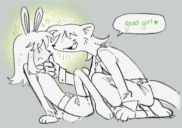 anthro barefoot blush clothing dialogue duo face_grab feet female flustered good_girl green_eyes hypnosis hypnotic_eyes leaning leaning_backward leaning_forward lying mind_control on_back speech_bubble kint haye_(kint) ruth_(kint) lagomorph leporid mammal mustelid musteline rabbit stoat true_musteline weasel nonbinary_(lore)