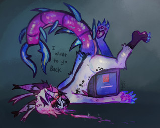 3_toes ambiguous_gender antennae_(anatomy) anthro blood blue_claws bodily_fluids claws colored_blood computer dipstick_ears ear_markings electronics emo_haircut feet fur hair heart_pawpads insect_tail long_tail markings mastectomy_scar multicolored_ears nosebleed pawpads pink_blood pink_hair pink_pawpads raccoon_tail_hair scar seam_(sewing) simple_background solo spots spotted_body spotted_fur spotted_markings tail text toes unusual_blood unusual_bodily_fluids vent_art white_body white_fur pinatareaper microsoft microsoft_windows windows_vista r_(pinatareaper) arthropod canid canine canis centipede mammal myriapod digital_media_(artwork) english_text full-length_portrait hi_res portrait trans_(lore) trans_man_(lore)
