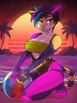 anthro beach breasts detailed_background ear_piercing facial_piercing female heterochromia lip_piercing outside piercing sand seaside shoreline sky solo sun water zyira domestic_cat felid feline felis mammal 2020 colorful_theme digital_media_(artwork) hi_res