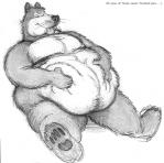 2006 anthro bd belly big_belly canid canine canis english_text eyes_closed fur graphite_(artwork) hand_on_belly holding_belly lazy lying male mammal monochrome navel overweight overweight_anthro overweight_male pawpads pencil_(artwork) self_hug simple_background slightly_chubby smile solo text tongue tongue_out traditional_media_(artwork) whiskers white_background wolf
