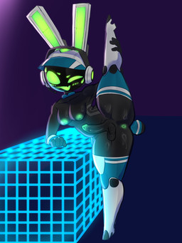 anthro bodily_fluids genitals glowing glowing_genitalia glowing_penis gynomorph intersex machine one_eye_closed penis solo sweat wink etor3cart project_turboblast tempo_(project_turboblast) lagomorph mammal robot robot_anthro hi_res