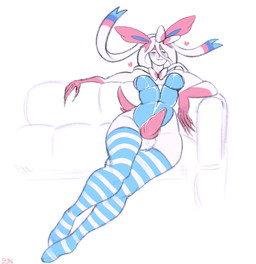 anthro blue_clothing bow_ribbon claws clothing fur genitals gynomorph hair intersex legwear penis pink_body pink_fur solo stockings white_body white_hair styhi nintendo pokemon eeveelution generation_6_pokemon pokemon_(species) sylveon hi_res