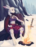 4_toes 5_fingers abs anthro bottomwear breasts clothing day detailed_background eyebrows eyelashes feet female fingers fire melee_weapon midriff navel outside pleated_skirt purple_eyes skirt sky solo sword toes weapon necroizu dark_souls fromsoftware lagomorph leporid mammal rabbit 2023 digital_media_(artwork) hi_res