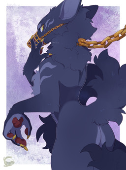 ambiguous_gender anthro black_body black_fur bound butt chain chained claws fluffy fluffy_tail fur gold_(metal) gold_chain gold_muzzle humanoid_hands logo long_tail looking_at_viewer looking_back looking_back_at_viewer multicolored_body muzzle_(object) muzzled neck_tuft pawpads rear_view simple_background solo tail tuft two_tone_body white_sclera yellow_claws yellow_eyes mochiri canid canine canis mammal wolf absurd_res artist_logo digital_drawing_(artwork) digital_media_(artwork) hi_res japanese_description signature