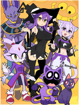 ahoge anthro black_clothing black_dress black_legwear black_thigh_highs bottomwear breasts clothed clothing color_coded_crossover dress female feral footwear fully_clothed fur hair hat headgear headwear legwear light_body light_fur midriff navel pants pink_tongue purple_arms purple_body purple_bottomwear purple_clothing purple_ears purple_fingers purple_fur purple_hair purple_hands purple_legs purple_pants purple_tail purple_topwear tail thigh_highs tongue topwear witch_hat bongftah dragon_ball dragon_ball_super hololive mob_entertainment poppy_playtime sailor_moon_(series) sega smiling_critters sonic_the_hedgehog_(series) sonic_x soul_eater toei_animation vtuber beerus blair_(soul_eater) blaze_the_cat catnap_(poppy_playtime) luna_(sailor_moon) okayu_nekomata animal_humanoid cat_humanoid domestic_cat felid felid_humanoid feline feline_humanoid felis humanoid mammal mammal_humanoid 3:4 absurd_res crossover hi_res