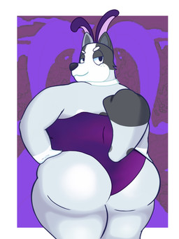 abstract_background alternate_costume anthro bare_shoulders big_butt big_eyes biped black_ears black_eyes black_inner_ear black_inner_ear_fluff black_markings black_nose black_spots black_tail black_tail_tip border broad_shoulders bunny_costume butt cheek_tuft claws clothed clothed_anthro clothed_female clothing costume dipstick_tail eyebrows facial_tuft fake_ears fake_rabbit_ears female finger_claws fingers freckled_face freckles fur fur_tuft gloves_(marking) grey_body grey_ears grey_fur grey_tail half-closed_eyes hand_on_hip hand_on_own_hip head_turned huge_butt humanoid_hands inner_ear_fluff iris legs_together leotard light_body light_fur looking_at_viewer looking_back looking_back_at_viewer markings mature_anthro mature_female mouth_closed multicolored_body multicolored_fur multicolored_tail narrowed_eyes no_pupils outside_border overweight overweight_anthro overweight_female pointy_ears pose prick_ears purple_clothing purple_leotard shirt_collar slightly_chubby slightly_chubby_anthro slightly_chubby_female smile smiling_at_viewer smirk smirking_at_viewer snout solo spots spotted_back spotted_body spotted_fur spotted_markings spotted_tail standing tail tail_markings thick_thighs three-quarter_view tuft two_tone_tail white_body white_border white_claws white_eyebrows white_fur white_markings white_sclera white_spots xblaze32 bluey_(series) trixie_heeler australian_cattle_dog canid canine canis cattledog domestic_dog herding_dog mammal pastoral_dog 2026 3:4 digital_drawing_(artwork) digital_media_(artwork) hi_res portrait three-quarter_portrait