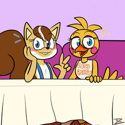 anthro beak duo embarrassed female female/female fingers public under_table zurzure fazbear_fanverse five_nights_at_freddy's five_nights_at_freddy's_2 popgoes popgoes_evergreen scottgames sara_the_squirrel toy_chica_(fnaf) avian bird chicken galliform mammal phasianid rodent sciurid tree_squirrel 1:1 2025 digital_media_(artwork)