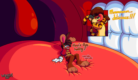 3_toes 4_fingers anthro big_feet big_tongue cartoon_gloves duo feet fingers heart_eyes heart_symbol inside_mouth licking licking_lips licking_own_lips male male/male mawplay paws scrubbing soft_vore tail toes tongue tongue_out toony uvula vore marquis2007 chase_(marquis2007) roderick_(tamerkoh) cheetah felid feline hybrid lagomorph leporid mammal pantherine rabbit tiger absurd_res hi_res