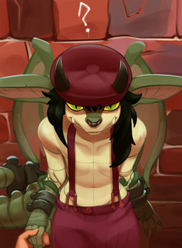 black_hair brick brick_wall clothed clothing detailed_background disembodied_hand facial_piercing featureless_chest female first_person_view flat_chested hair hand_holding hat headgear headwear high-angle_view horn human_pov looking_at_viewer looking_up looking_up_at_viewer navel nose_piercing nose_ring piercing pov_hands question_mark ring_piercing shirtless skimpy suspenders topless tusks wall_(structure) wings hoodwinkhuffer deadlock_(game) valve ivy_(deadlock) gargoyle human mammal absurd_res hi_res