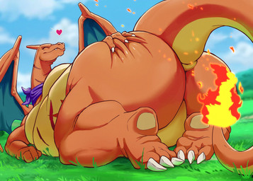 anthro big_butt biped butt claws featureless_crotch feet fire flaming_tail heart_symbol huge_butt hyper hyper_butt kerchief kerchief_only looking_back lying male membrane_(anatomy) membranous_wings mostly_nude neckerchief neckerchief_only neckwear nude null on_front on_grass on_ground orange_body outside overweight overweight_anthro overweight_male plantigrade presenting presenting_hindquarters rear_view sky smile solo tail tapering_tail thick_tail toe_claws wings steen mythology nintendo pokemon charizard dragon generation_1_pokemon mythological_creature mythological_scalie pokemon_(species) scalie absurd_res hi_res