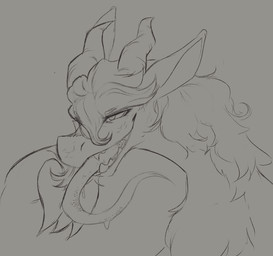 2_horns bedroom_eyes bodily_fluids chest_tuft ears_back fur hair hair_between_eyes head_horn horn long_nose long_tongue mane mane_hair narrowed_eyes naughty_face open_mouth pivoted_ears ridged_horn saliva saliva_on_tongue seductive sharp_teeth simple_background teeth tongue tongue_out tuft mendobear mythology dragon furred_dragon furred_scalie mythological_creature mythological_scalie scalie bust_portrait digital_drawing_(artwork) digital_media_(artwork) greyscale monochrome portrait sketch