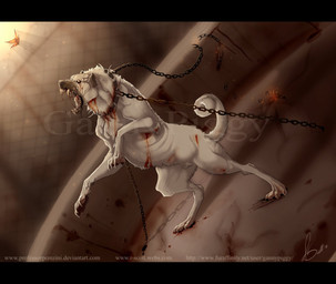 angry animal_genitalia black_bars blood bodily_fluids bound cage captured chain chained collar duo dutch_angle emaciated feral fully_sheathed fur genitals light male nude on_hind_legs rib_lines ribs sheath side_view sunlight symbolism tail text white_body white_fur wounded gannypiggy arthropod butterfly canid canine canis domestic_dog insect lepidopteran mammal digital_media_(artwork) distracting_watermark full-length_portrait letterbox portrait restricted_palette url watermark