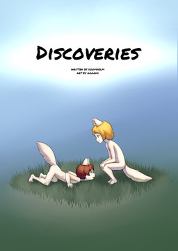ambiguous_gender anthro blonde_hair brown_eyes brown_hair crouching downward_dog duo fur genital_exploration grass green_eyes hair looking_at_another looking_down looking_up lying nude on_front open_mouth plant raised_tail sexual_exploration simple_background smile tail text title white_body white_fur young young_anthro aogami mike_(doomhelm) sarah_(doomhelm) canid canine canis fox mammal wolf 2019 absurd_res colored comic cover cover_art cover_page english_text hi_res