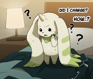 ambiguous_gender anthro bed bedroom blush bodily_fluids chibi clothing confusion detailed_background discarded_clothing furniture horn implied_transformation inside lamp long_ears on_bed question_mark solo sweat text transformation ssu_open bandai_namco digimon digimon_(species) terriermon absurd_res english_text hi_res