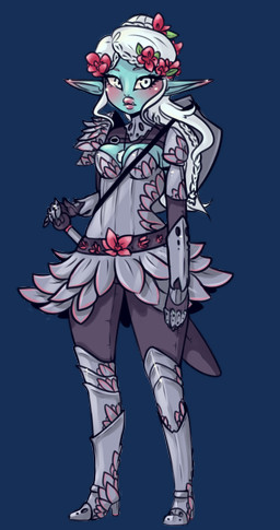 armor belt blush braided_hair breasts female flower green_body hair humanoid_pointy_ears melee_weapon not_furry plant pointy_ears shield simple_background solo standing sword transparent_background weapon white_hair glittermiilk elf humanoid 2016 alpha_channel hi_res