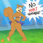 anthro biped bottomwear breasts brown_body brown_fur butt clothed clothing dialogue female fur presenting presenting_hindquarters sandy's_treedome skirt standing profannytea nickelodeon no_nut_november spongebob_squarepants sandy_cheeks mammal rodent sciurid tree_squirrel meme