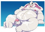 3_toes after_masturbation anthro belly big_belly blush bodily_fluids cum cum_on_belly cum_on_body cum_on_chest cum_on_leg cum_on_moobs feet genital_fluids kemono male moobs nipples overweight overweight_male simple_background sitting solo toes white_body kusosensei lagomorph leporid mammal rabbit 2024 hi_res