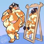 admiring_self anthro areola belly big_areola big_belly big_breasts big_butt blush breasts butt crossgender feet female fur hand_on_butt horn huge_breasts looking_at_reflection mirror mottled mottled_body mottled_fur nipples obese obese_anthro obese_female overweight overweight_anthro overweight_female reflection sagging_breasts simple_background solo tail thick_thighs gingerlybreadart bovid bovine cattle mammal 1:1 2025 hi_res