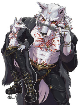 abs boots bottomwear clothing eyebrows eyewear footwear fur jacket jewelry male navel necklace nipples pants pecs ring shoes simple_background solo sunglasses topwear catclawcaramel epic_games fortnite fletcher_kane canid canine canis mammal wolf hi_res