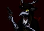 anthro antlers beak clothed clothing gun hair handgun hat headgear headwear horn jewelry long_hair male pendant ranged_weapon revolver simple_background solo weapon wounded yellow_sclera jurij_bajer bajer_(jurij_bajer) artamid avian bird corvid cracticinae currawong holarctic_magpie hybrid magpie_(corvid) oscine passerine absurd_res hi_res