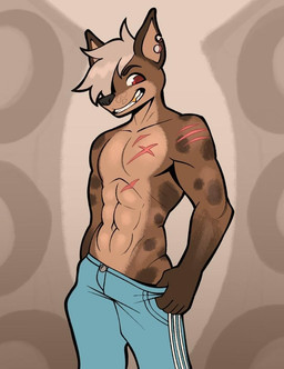 abs anthro athletic athletic_anthro athletic_male black_nose bottomwear bottomwear_pull brown_body brown_fur chest_scar clothed clothing clothing_pull ear_markings featureless_chest flesh_tunnel fur gold_(metal) gold_tooth male male_anthro markings pants pants_pull red_eyes scar seductive snout solo spots spotted_body spotted_fur tan_body tan_fur topless topless_anthro topless_male rakurawr ashton_kohler hyena mammal spotted_hyena