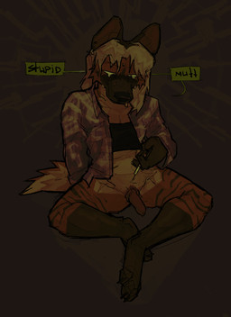 anthro black_bra black_clothing black_underwear bodily_fluids bottomless bottomless_anthro bra brown_body brown_fur brown_markings clothed clothing crying drug_addict drug_paraphernalia drug_usage drugs dysphoria facial_piercing flannel_shirt fur gender_dysphoria genitals green_sclera gynomorph heroin humanoid_genitalia humanoid_penis intersex intravenous leg_markings markings penis piercing self-harm sitting socks_(marking) solo speech_bubble spread_legs spreading tears underwear openfracturesday hyena mammal striped_hyena absurd_res hi_res trans_(lore) trans_woman_(lore)