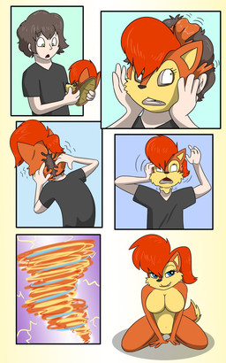 4_fingers 6_panel_comic anthro bedroom_eyes black_clothing black_hair black_shirt black_topwear blue_eyes breasts brown_body brown_fur cartoon_nudity clothing duo electricity featureless_breasts female fingers forced forced_transformation fur gender_transformation green_eyes grin grinning_at_viewer hair human_to_anthro light_body light_skin lightning male mask mask_transformation motion_lines mtf_transformation narrowed_eyes possession red_hair seductive shirt sitting smile smiling_at_viewer species_transformation topwear tornado transformation wariza fox0808 sega sonic_the_hedgehog_(series) the_mask sally_acorn chipmunk ground_squirrel human mammal rodent sciurid 2016 5:8 colored comic hi_res