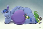 anthro asphyxiation belly between_legs big_belly blue_hair choking duo female fur green_body green_fur green_hair grey_body hair hand_on_hip looking_at_another lying makeup male male/female mascara on_side overweight overweight_female pawpads paws purple_body purple_eyes short_hair simple_background teeth teaselbone duncan_(duncan) hoppopotamus_(the_wuzzles) common_hippopotamus hippopotamid kangaroo lagomorph leporid macropod mammal marsupial rabbit 2024 hi_res