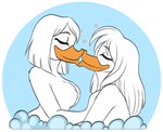 anthro bathing big_breasts blush blush_lines breasts bubble_bath canon_couple duo eyes_closed feathers female female/female fluffy_breasts hair heart_symbol kissing long_hair non-mammal_breasts nude romantic romantic_couple romantic_sex simple_background touching_breasts white_body white_feathers white_hair lunula_(artist) disney ducktales ducktales_(2017) lena_(ducktales) webby_vanderquack anatid anseriform avian bird duck hi_res