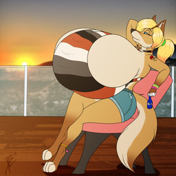 anklet anthro big_breasts bracelet breasts chair female furniture hair huge_breasts hyper hyper_breasts jewelry ponytail solo sunset tattoo brasslion canid canine canis coyote mammal 1:1